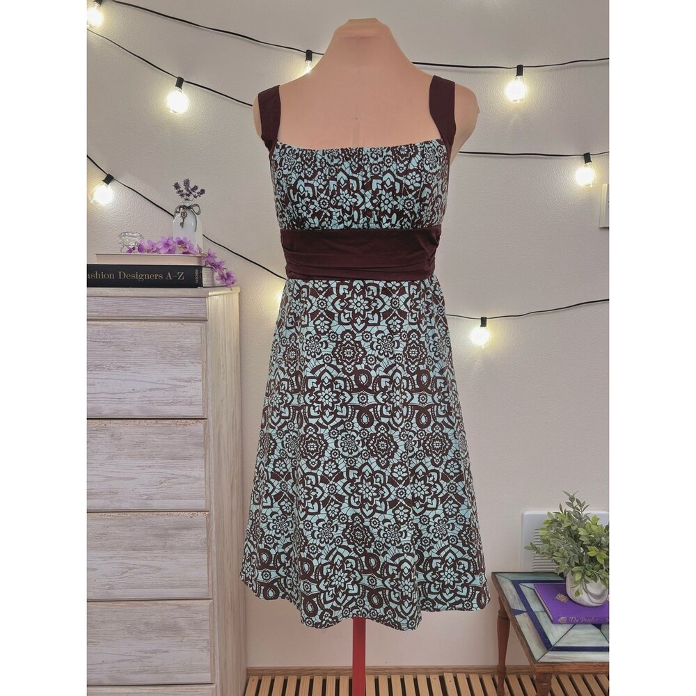 Vintage Y2K Dressbarn Mint Brown Floral Sundress Sz 8 Empire Waist Retro Summer